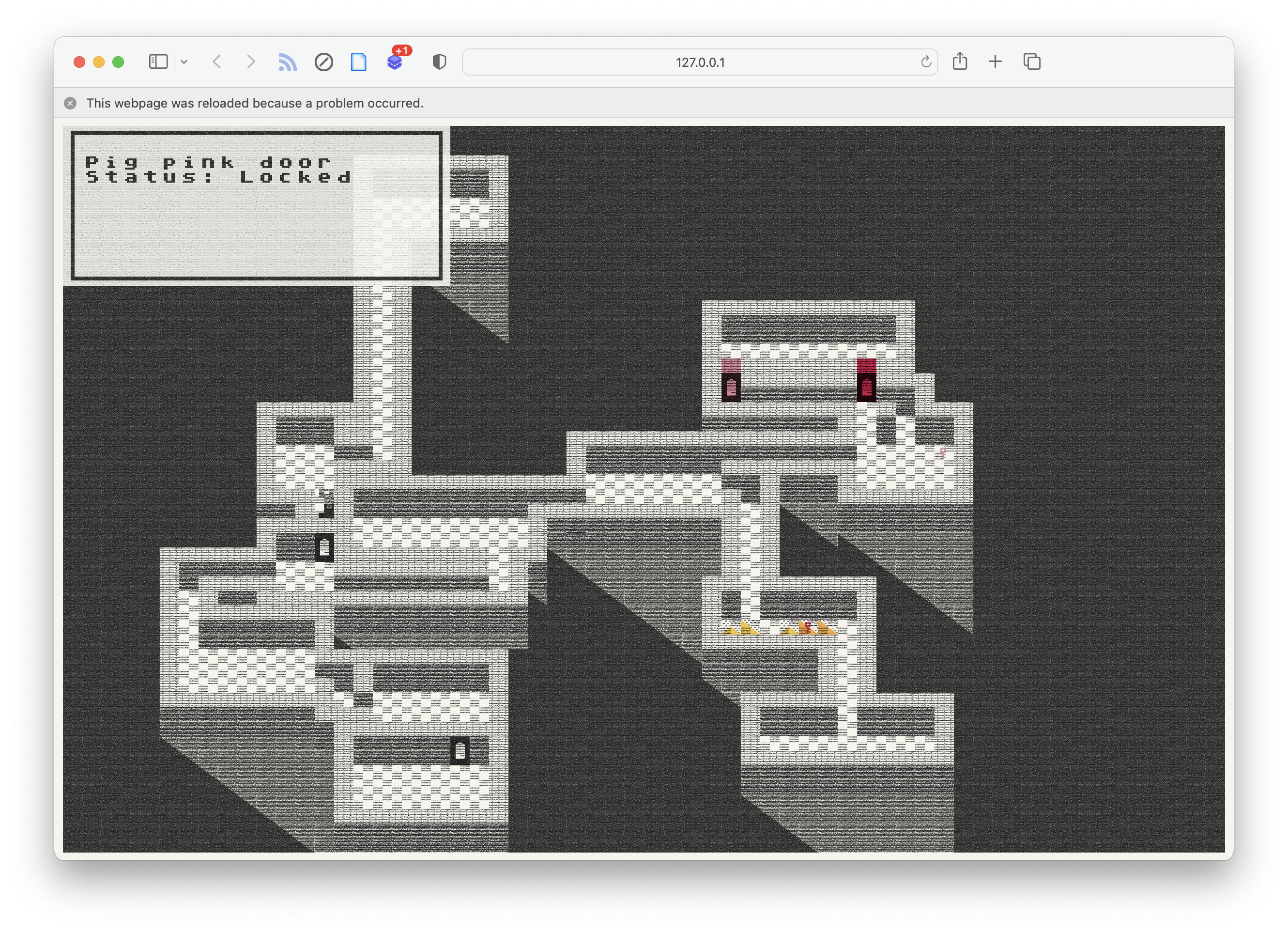 An image of a 2d dungeon game map, text reads "Pig pink door, status: locked"